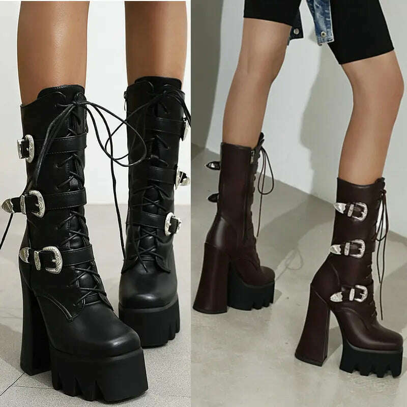 KIMLUD, Punk Style Thick Soled Women Boots with Zipper 15CM Ultra High Thick Heel Motorcycle Boots Autumn and Winter Ladies Ankle Boots, KIMLUD Womens Clothes