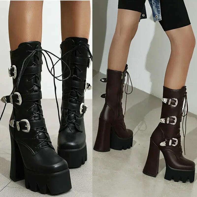 KIMLUD, Punk Style Thick Soled Women Boots with Zipper 15CM Ultra High Thick Heel Motorcycle Boots Autumn and Winter Ladies Ankle Boots, KIMLUD Womens Clothes