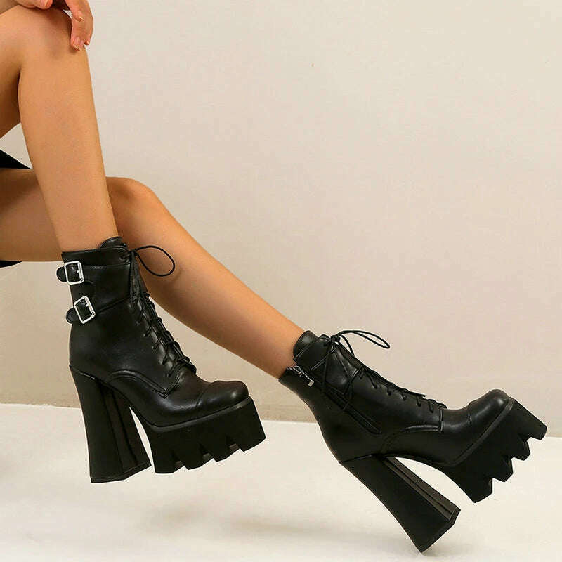 KIMLUD, Punk Style Thick Soled Women Boots with Zipper 15CM Ultra High Thick Heel Motorcycle Boots Autumn and Winter Ladies Ankle Boots, KIMLUD Womens Clothes