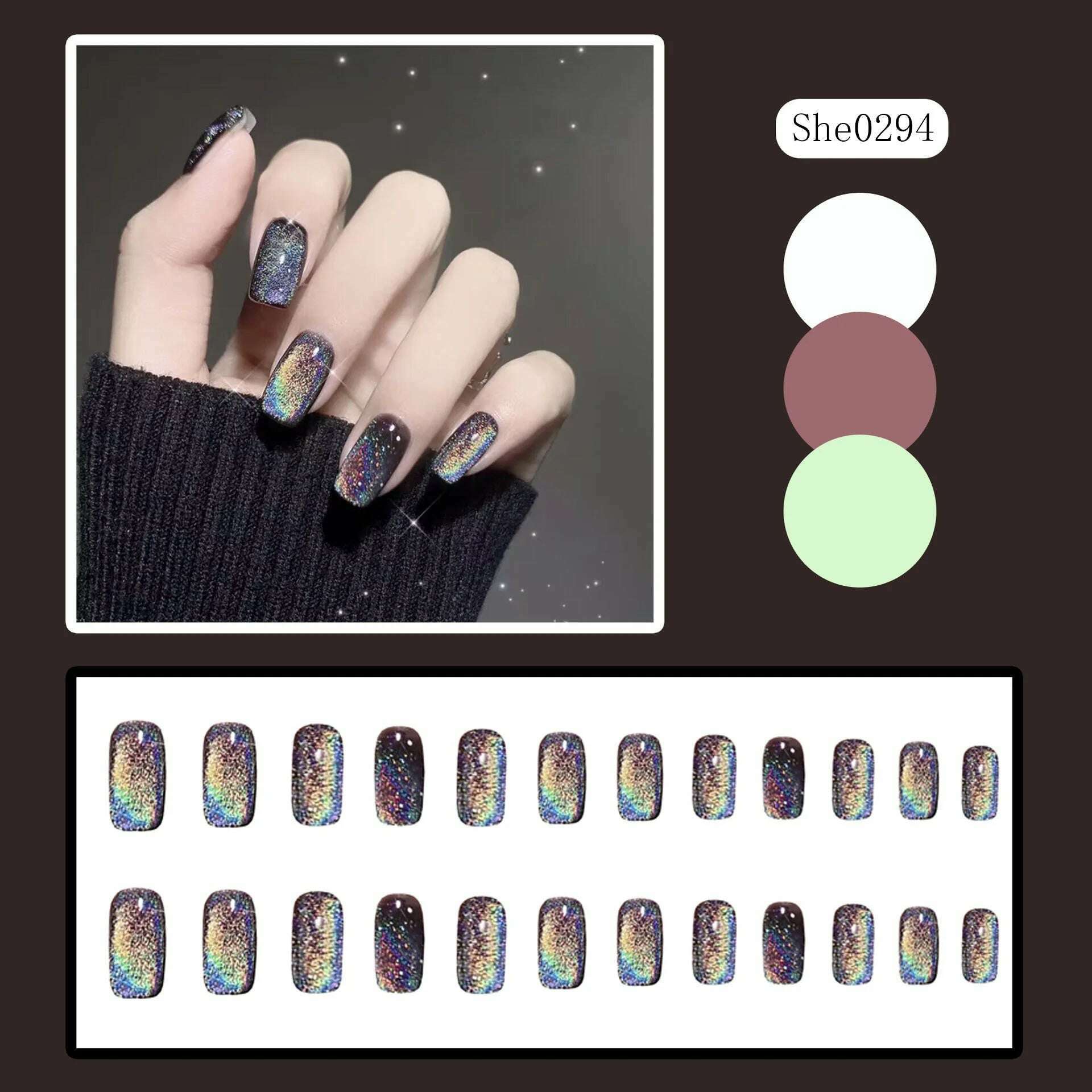 Pure Hand Manicure Black Long Laser Cross-border Rainbow CAT'S Eye False Nail Phototherapy Hand Wear Nail - KIMLUD
