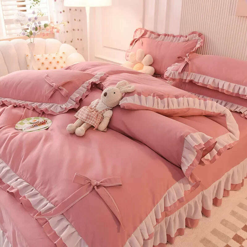 Purple Bedding Sets Kawaii Seersucker Bed Sheet Pillowcase Fashion Girl Princess Duvet Cover 4 Pieces Cute Home Decoration - KIMLUD