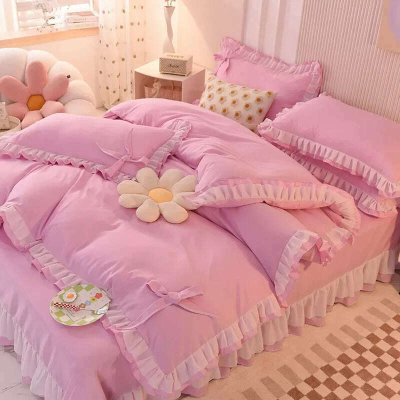Purple Bedding Sets Kawaii Seersucker Bed Sheet Pillowcase Fashion Girl Princess Duvet Cover 4 Pieces Cute Home Decoration - KIMLUD