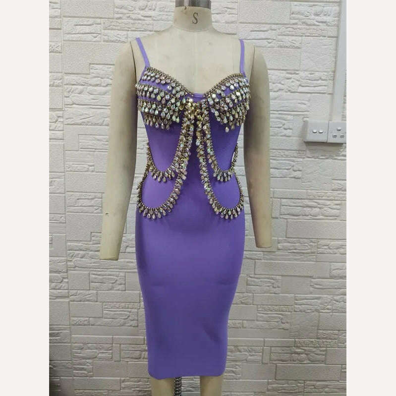 KIMLUD, Purple Black Beige Women Sexy Shinning Crystal Sexy V-Neck Bodycon Mini Bandage Dress Fashion Celebrate Evening Party Dress, KIMLUD Womens Clothes
