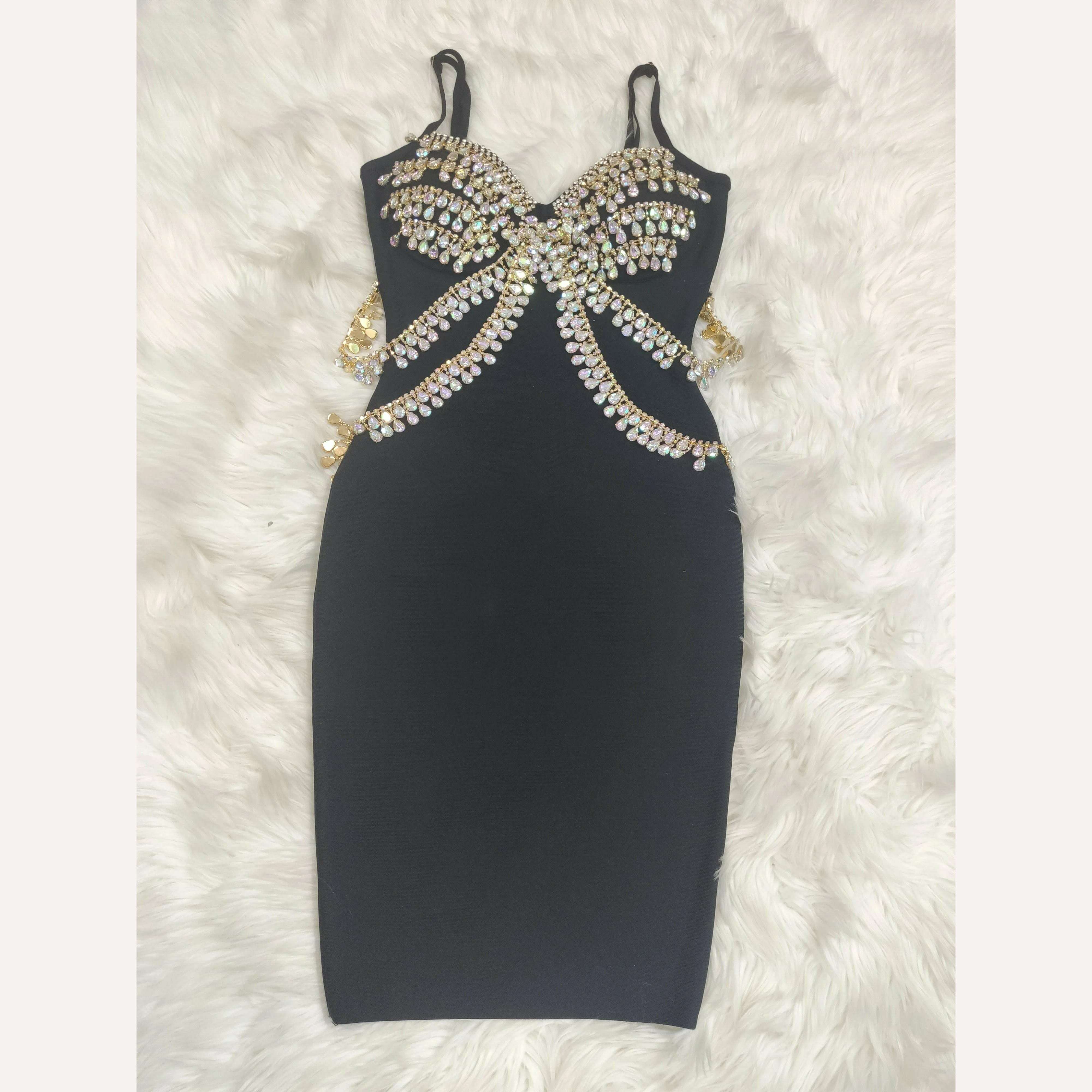 KIMLUD, Purple Black Beige Women Sexy Shinning Crystal Sexy V-Neck Bodycon Mini Bandage Dress Fashion Celebrate Evening Party Dress, black / XS, KIMLUD APPAREL - Womens Clothes