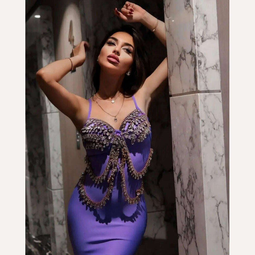 KIMLUD, Purple Black Beige Women Sexy Shinning Crystal Sexy V-Neck Bodycon Mini Bandage Dress Fashion Celebrate Evening Party Dress, KIMLUD Womens Clothes