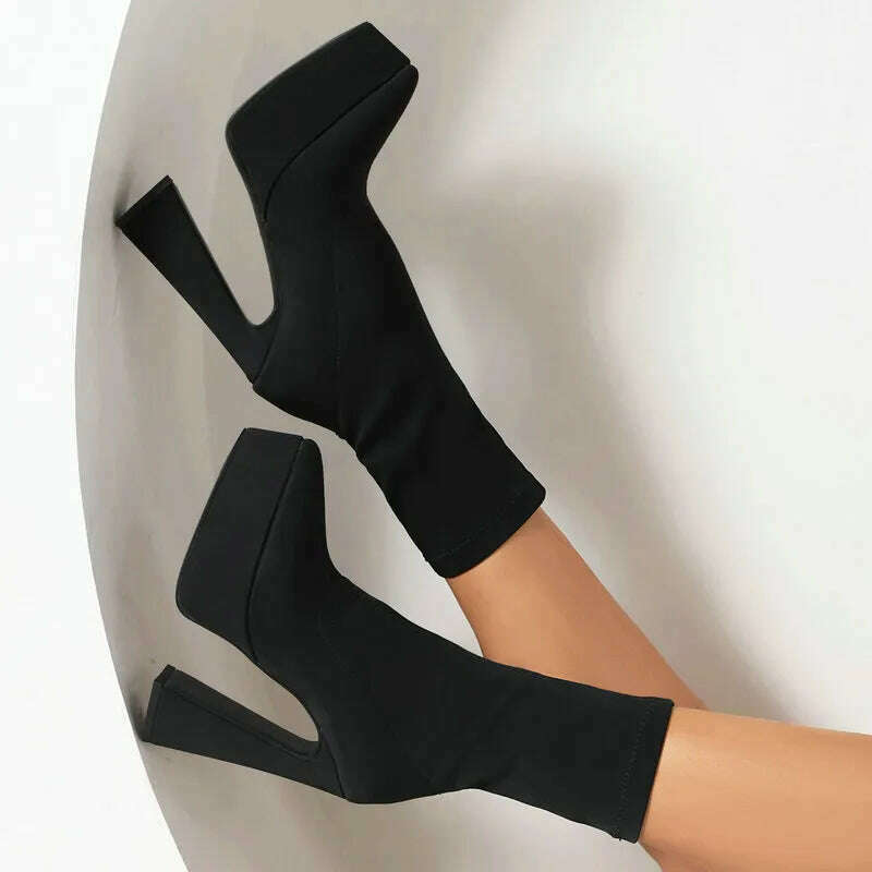 Purple Blue Rose Red Black Women Ankle Boots Platform Square High Heel Ladies  Short Boots Elastic Fabric Pointed Toe Dress Shoes