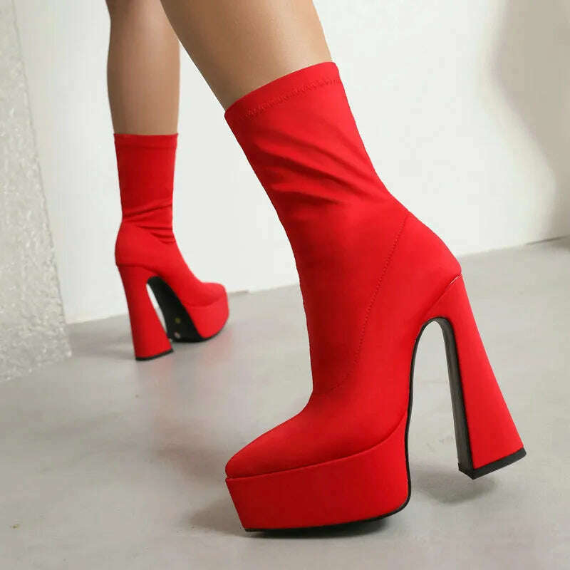 KIMLUD, Purple Blue Rose Red Black Women Ankle Boots Platform Square High Heel Ladies Short Boots Elastic Fabric Pointed Toe Dress Shoes, KIMLUD Womens ClothesKIMLUD, Purple Blue Rose Red Black Women Ankle Boots Platform Square High Heel Ladies Short Boots Elastic Fabric Pointed Toe Dress Shoes, Red / 5, KIMLUD APPAREL - Womens Clothes