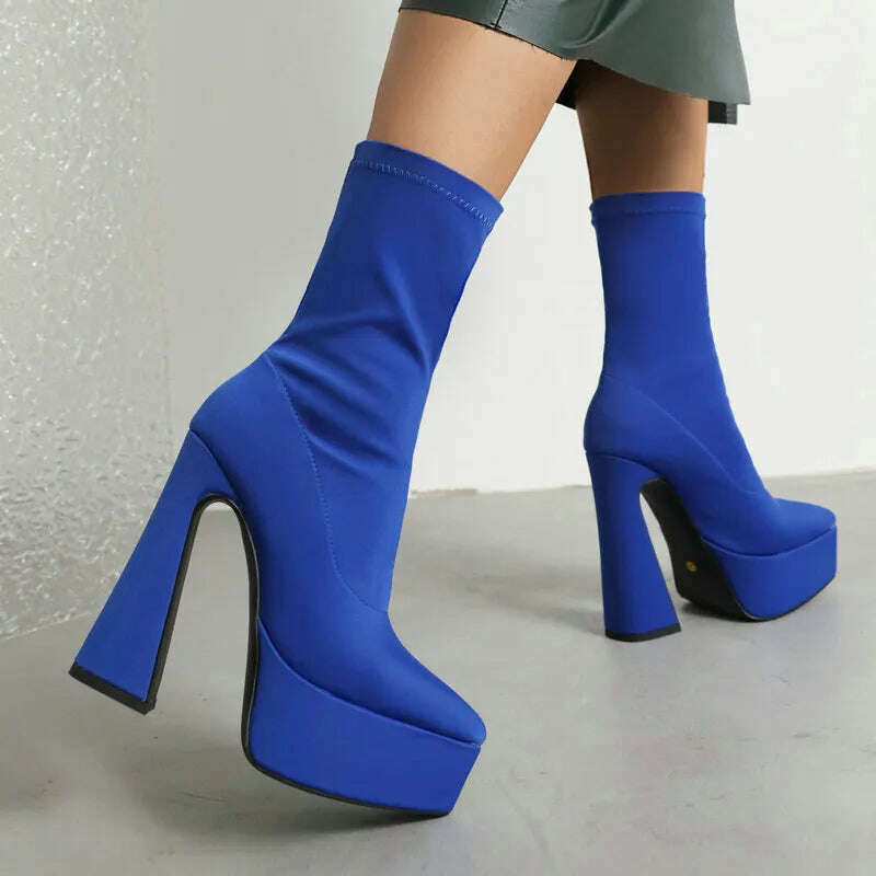 KIMLUD, Purple Blue Rose Red Black Women Ankle Boots Platform Square High Heel Ladies Short Boots Elastic Fabric Pointed Toe Dress Shoes, KIMLUD Womens ClothesKIMLUD, Purple Blue Rose Red Black Women Ankle Boots Platform Square High Heel Ladies Short Boots Elastic Fabric Pointed Toe Dress Shoes, Blue / 5, KIMLUD APPAREL - Womens Clothes