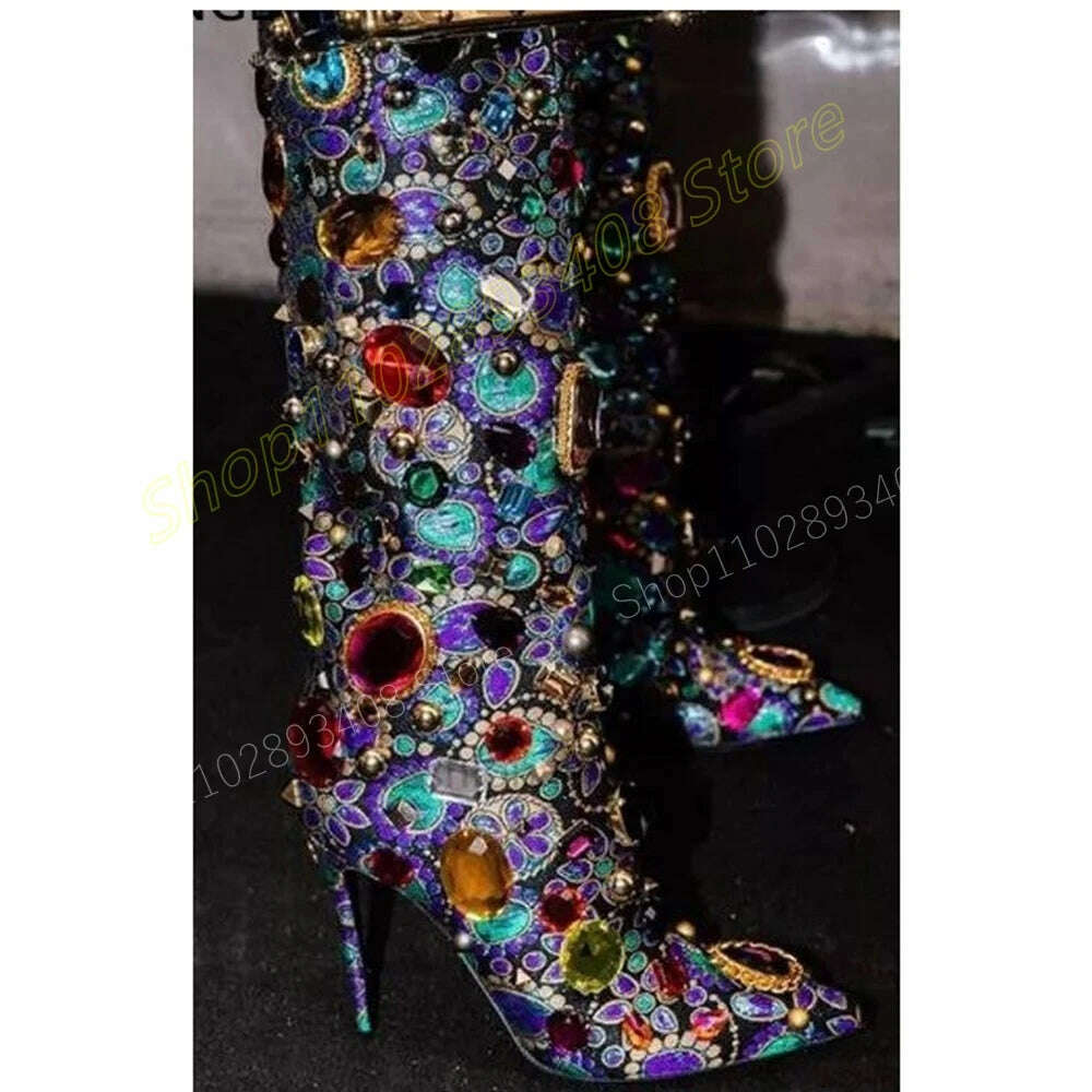 Purple Crystals Decor Pointed Toe Knee High Boots Stiletto High Heel Runway Fashion Sexy Women Shoes 2024 Zapatos Para Mujere - KIMLUD