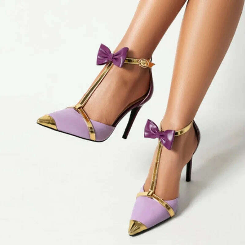 Purple Metal Patchwork Sandals Bow Sexy Pointed 10cm Slim Heel Banquet Sandals Fashion White Birthday Party Women's Shoes 34-48 - KIMLUD