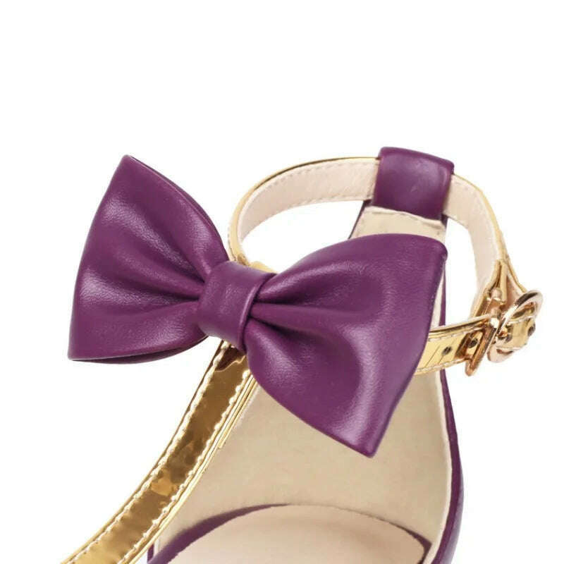 Purple Metal Patchwork Sandals Bow Sexy Pointed 10cm Slim Heel Banquet Sandals Fashion White Birthday Party Women's Shoes 34-48 - KIMLUD