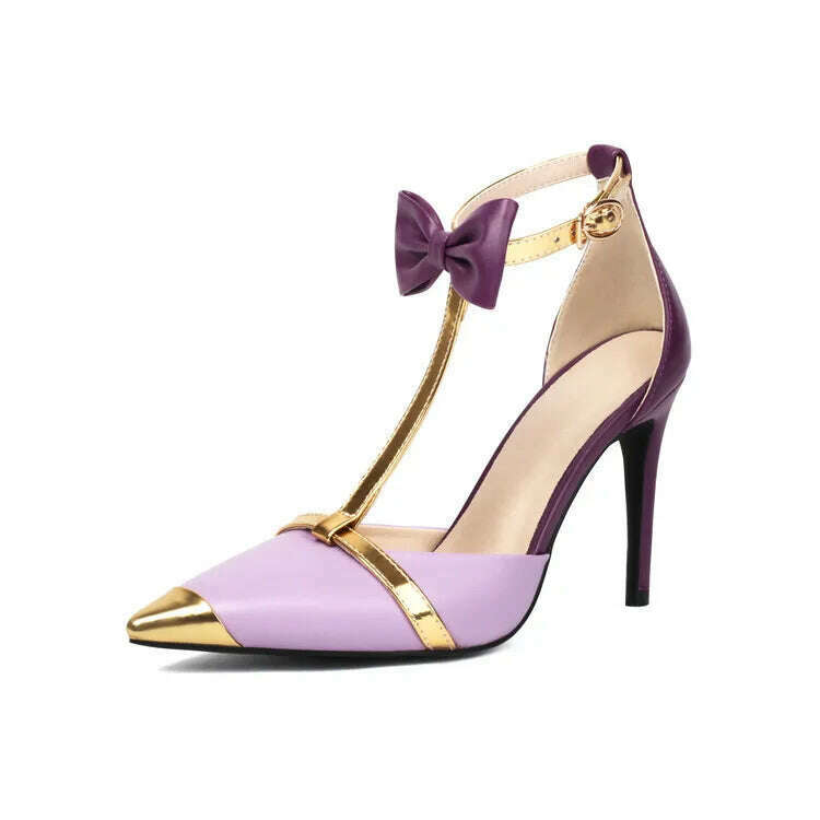 Purple Metal Patchwork Sandals Bow Sexy Pointed 10cm Slim Heel Banquet Sandals Fashion White Birthday Party Women's Shoes 34-48 - KIMLUD