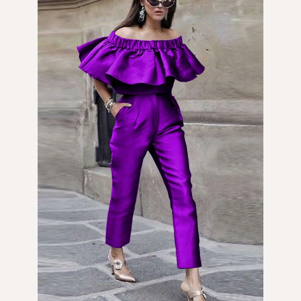 KIMLUD, Purple Two Piece Set Women Off Shoulder Crop Tops with High Waist Pants for Ladeis Office Work Daily Evening Party Pants Sets, Purple / M, KIMLUD Womens Clothes