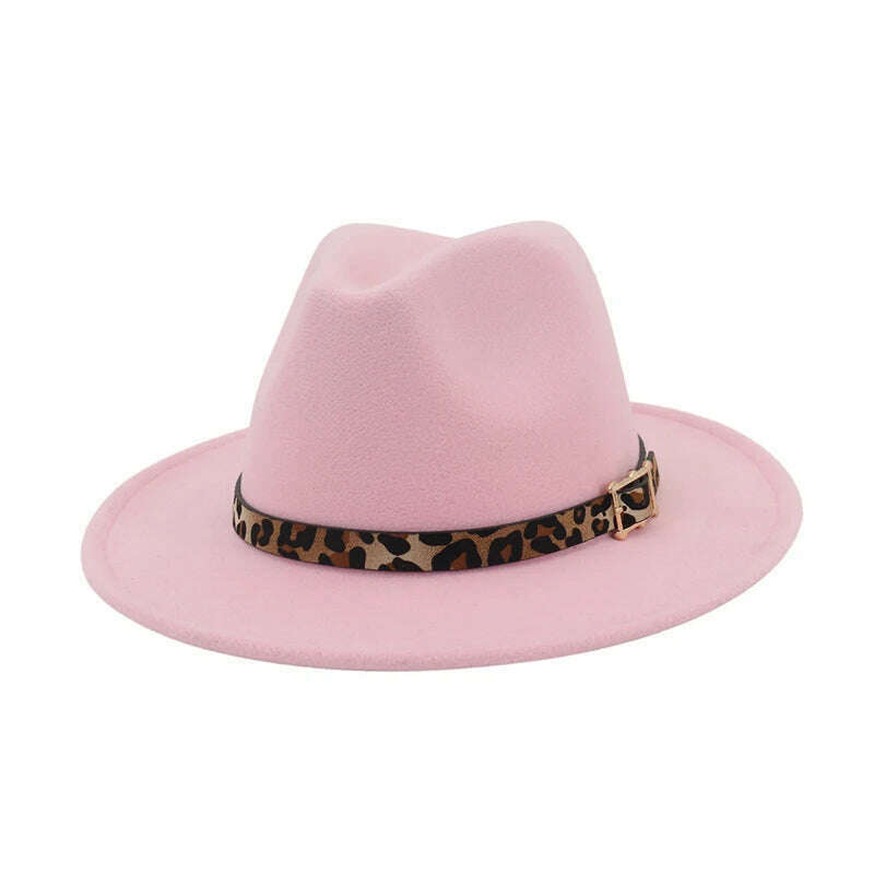 KIMLUD, QBHAT Leopard Grain Leather Decor Handmade Wide Brim Wool Felt Fedora Hats Caps Men Women Jazz Panama Cap Trilby Sombrero, Pink / 55to58cm, KIMLUD Womens Clothes