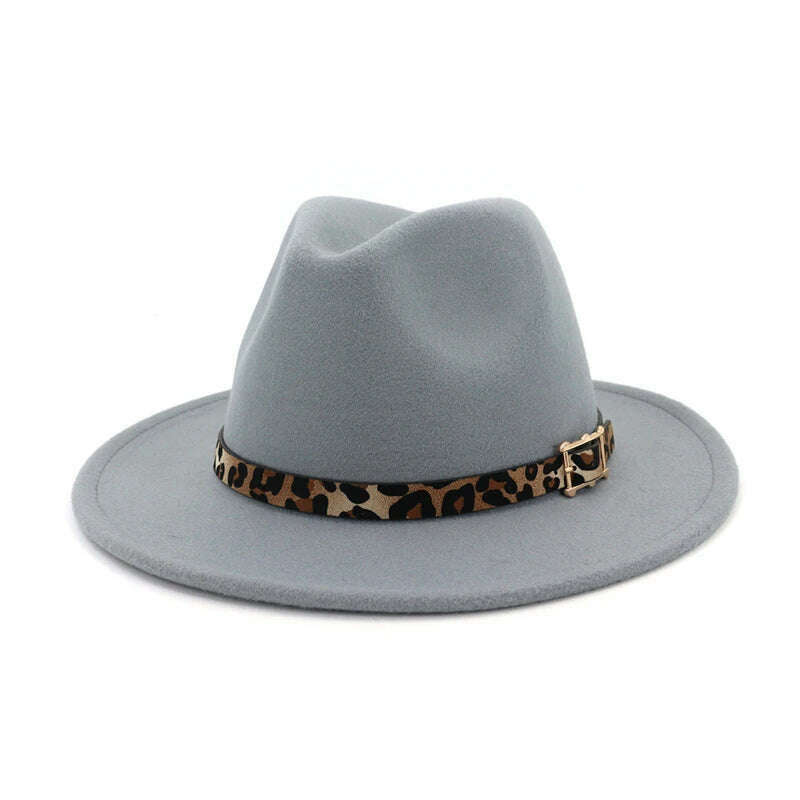 KIMLUD, QBHAT Leopard Grain Leather Decor Handmade Wide Brim Wool Felt Fedora Hats Caps Men Women Jazz Panama Cap Trilby Sombrero, GRAY / 55to58cm, KIMLUD Womens Clothes
