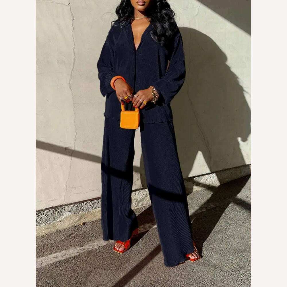 KIMLUD, QFAF Fashion Pleated Women's Set Long Sleeve Oversized Shirt and Wide Leg Pants 2023 Elegant Tracksuit Two 2 Piece Set Outfits, KIMLUD Womens ClothesKIMLUD, QFAF Fashion Pleated Women's Set Long Sleeve Oversized Shirt and Wide Leg Pants 2023 Elegant Tracksuit Two 2 Piece Set Outfits, Black / XL, KIMLUD APPAREL - Womens Clothes