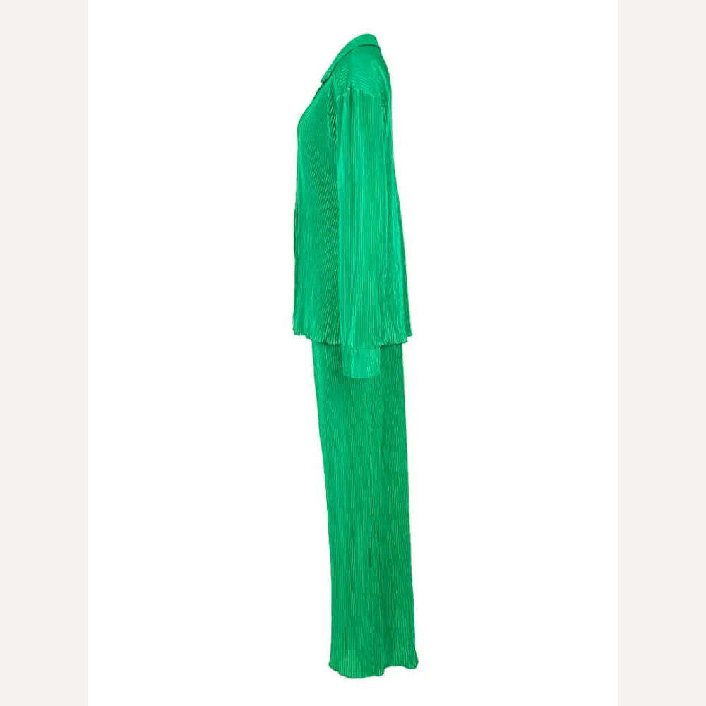 KIMLUD, QFAF Fashion Pleated Women's Set Long Sleeve Oversized Shirt and Wide Leg Pants 2023 Elegant Tracksuit Two 2 Piece Set Outfits, KIMLUD Womens Clothes