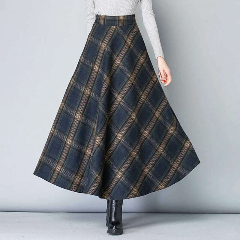 KIMLUD, Qooth Women Plaid Woolen Long Umbrella Skirt Elegant All Match A-line Skirt For Autumn Winter QT2279, Blue / S / CHINA, KIMLUD APPAREL - Womens Clothes