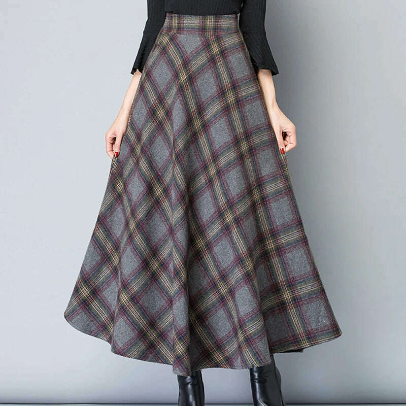 KIMLUD, Qooth Women Plaid Woolen Long Umbrella Skirt Elegant All Match A-line Skirt For Autumn Winter QT2279, KIMLUD Womens Clothes