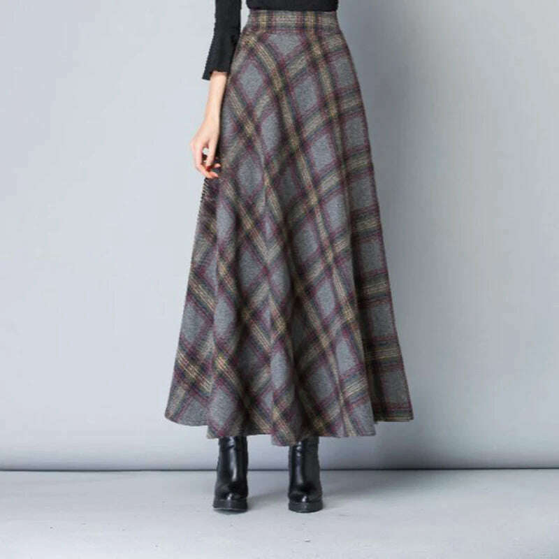 KIMLUD, Qooth Women Plaid Woolen Long Umbrella Skirt Elegant All Match A-line Skirt For Autumn Winter QT2279, KIMLUD Womens Clothes