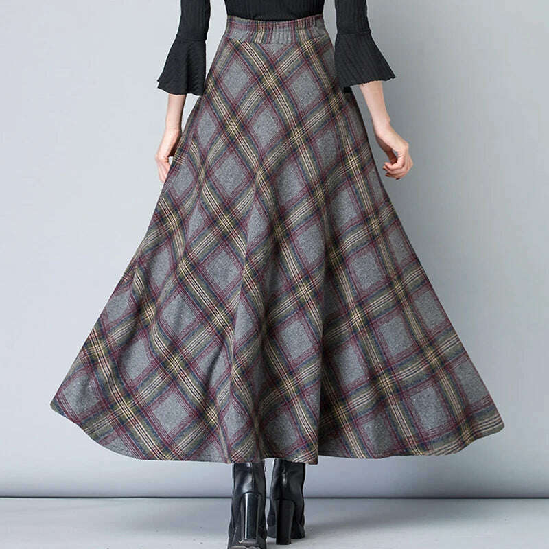 KIMLUD, Qooth Women Plaid Woolen Long Umbrella Skirt Elegant All Match A-line Skirt For Autumn Winter QT2279, KIMLUD Womens Clothes