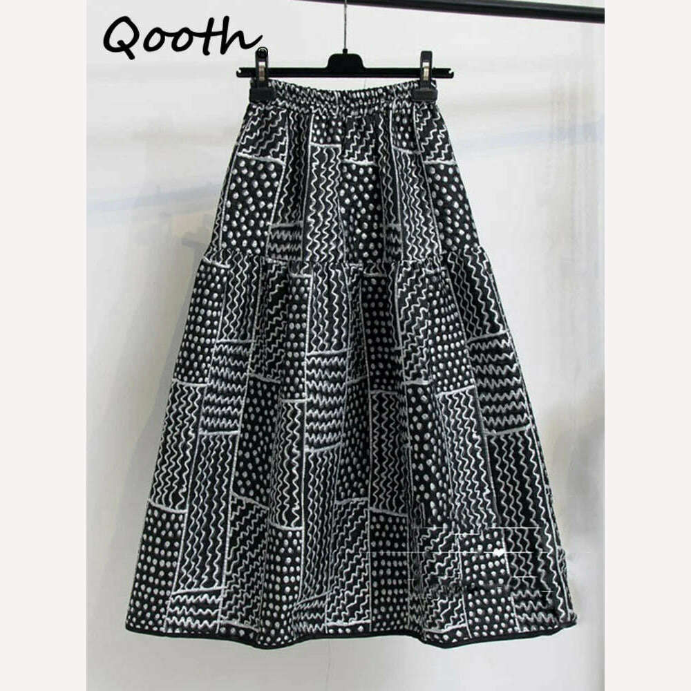 KIMLUD, Qooth Women Vintage 3D Printed Ball Gown Skirt Temperament Elastic Waist Long A-line Skirt For Autumn Winter QT2259, KIMLUD Womens Clothes