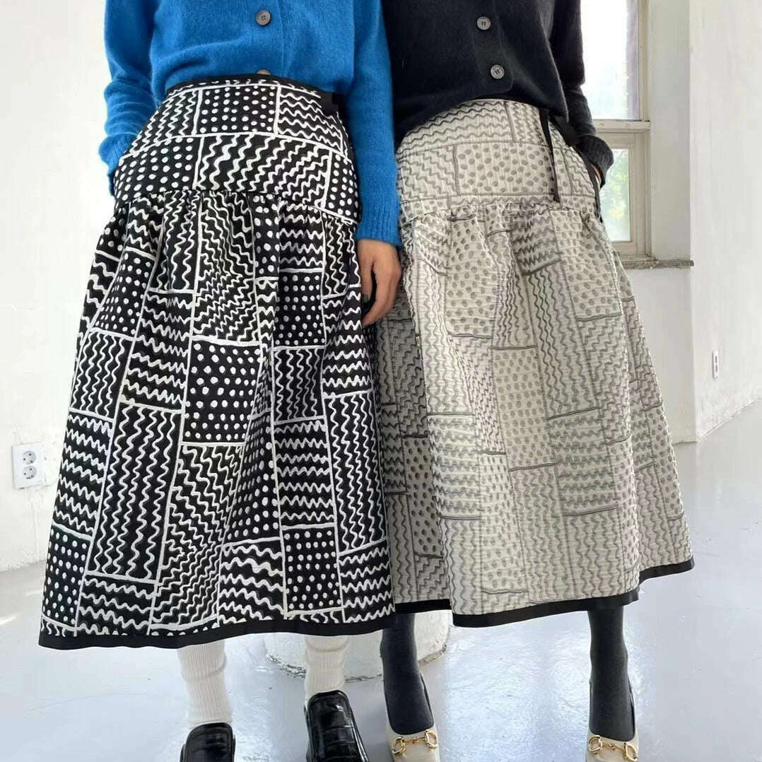 KIMLUD, Qooth Women Vintage 3D Printed Ball Gown Skirt Temperament Elastic Waist Long A-line Skirt For Autumn Winter QT2259, KIMLUD Womens Clothes