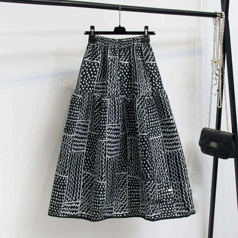 KIMLUD, Qooth Women Vintage 3D Printed Ball Gown Skirt Temperament Elastic Waist Long A-line Skirt For Autumn Winter QT2259, Black / One Size / CHINA, KIMLUD APPAREL - Womens Clothes