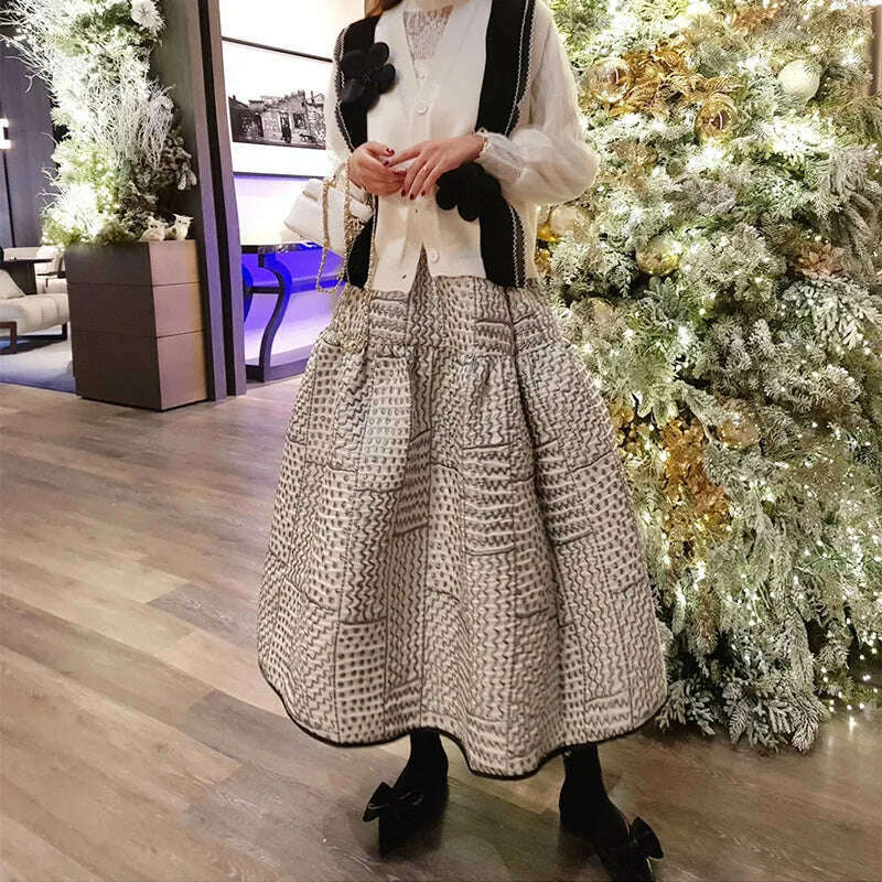 KIMLUD, Qooth Women Vintage 3D Printed Ball Gown Skirt Temperament Elastic Waist Long A-line Skirt For Autumn Winter QT2259, KIMLUD Womens Clothes