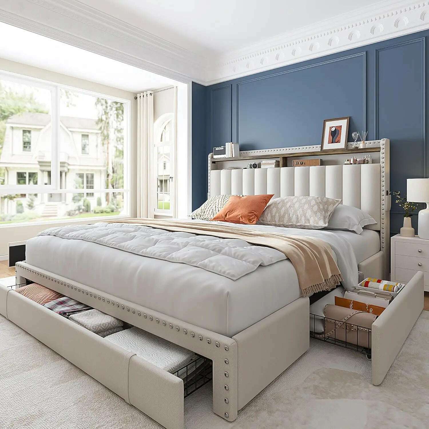 KIMLUD, Queen Bed Frame with 3 Drawers,Bed Frame Queen Size with Upholstered Headboard and Storage,2-Tier Shelves,for Strong Support, No, United States, KIMLUD APPAREL - Womens Clothes