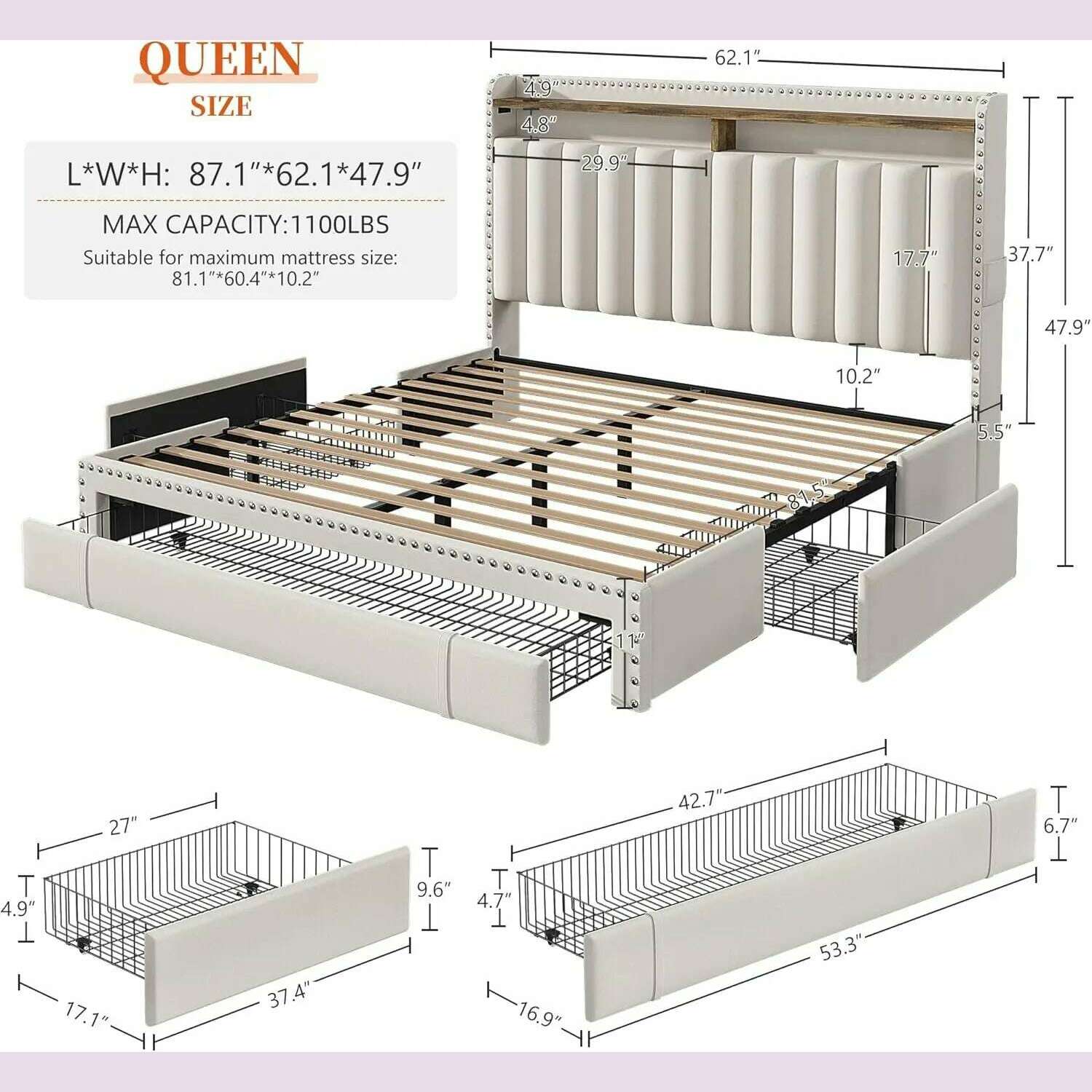 KIMLUD, Queen Bed Frame with 3 Drawers,Bed Frame Queen Size with Upholstered Headboard and Storage,2-Tier Shelves,for Strong Support, No, KIMLUD Womens Clothes