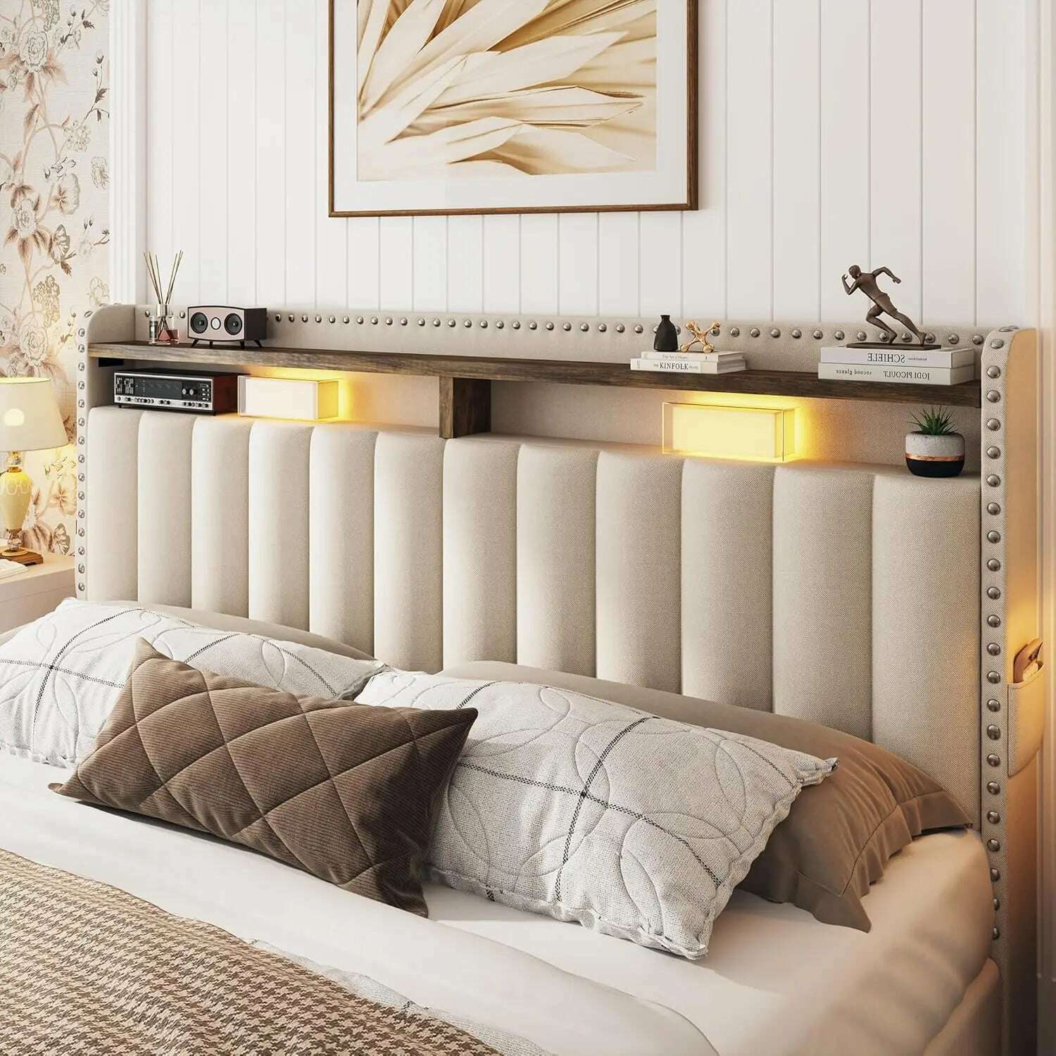 KIMLUD, Queen Bed Frame with 3 Drawers,Bed Frame Queen Size with Upholstered Headboard and Storage,2-Tier Shelves,for Strong Support, No, KIMLUD Womens Clothes