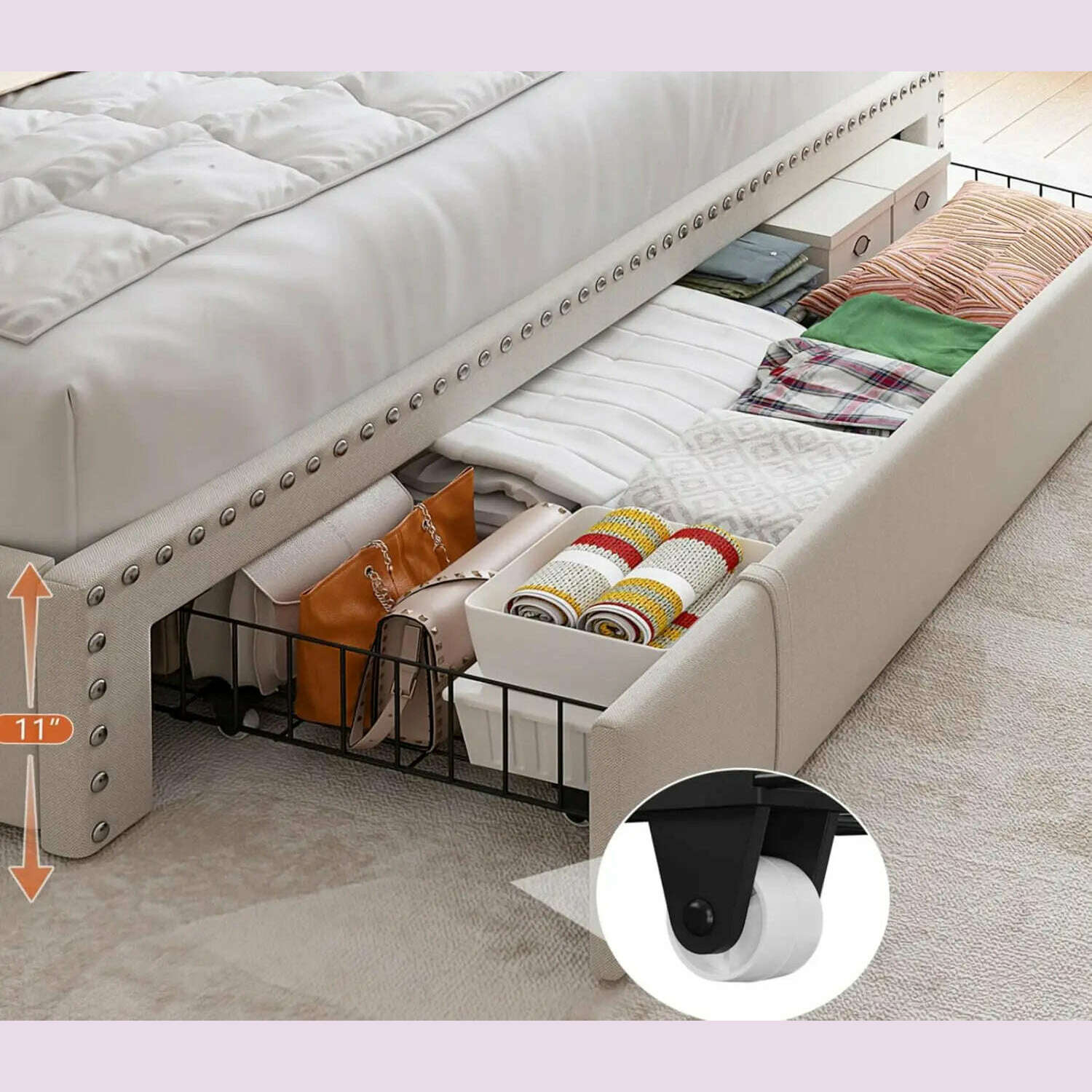 KIMLUD, Queen Bed Frame with 3 Drawers,Bed Frame Queen Size with Upholstered Headboard and Storage,2-Tier Shelves,for Strong Support, No, KIMLUD Womens Clothes