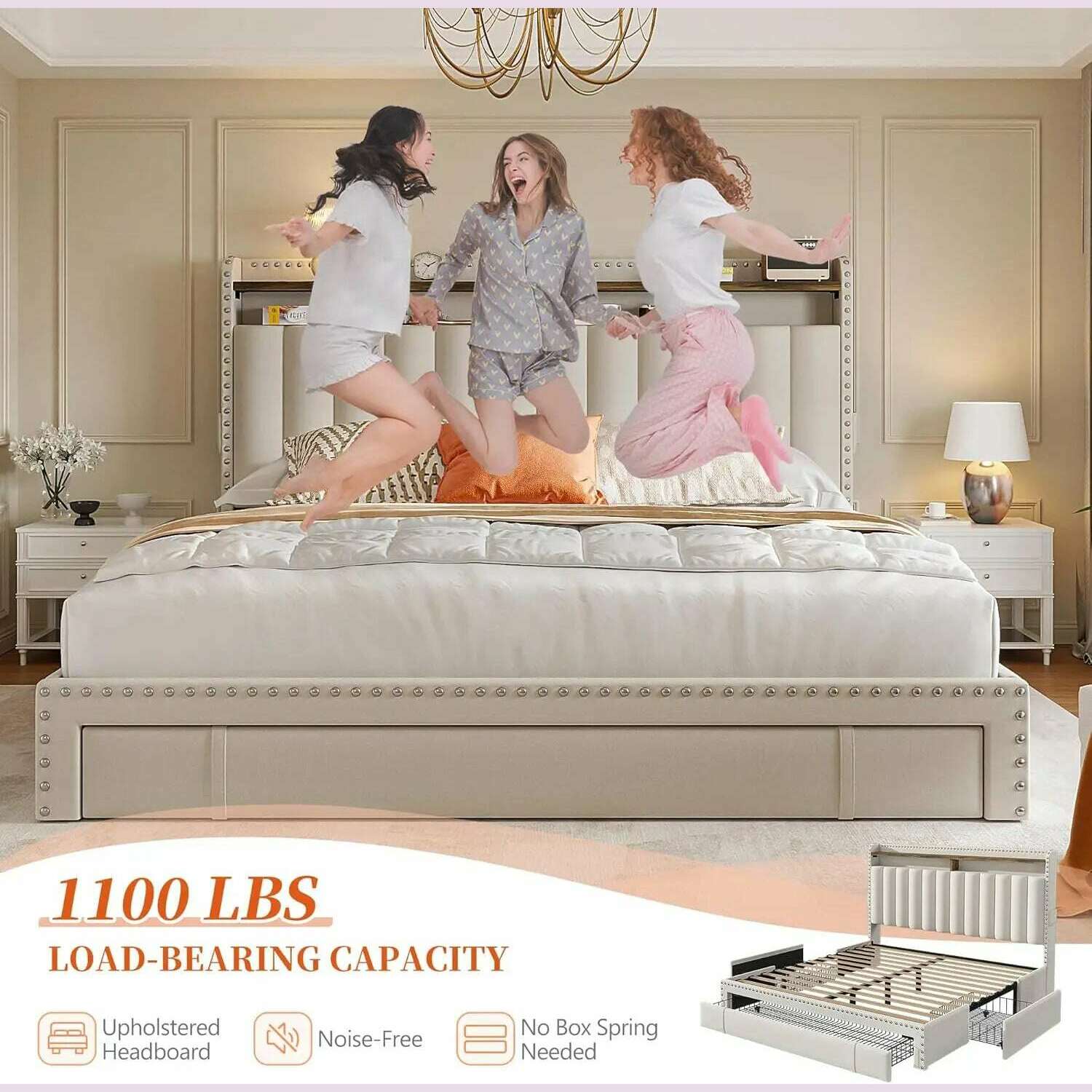 KIMLUD, Queen Bed Frame with 3 Drawers,Bed Frame Queen Size with Upholstered Headboard and Storage,2-Tier Shelves,for Strong Support, No, KIMLUD Womens Clothes