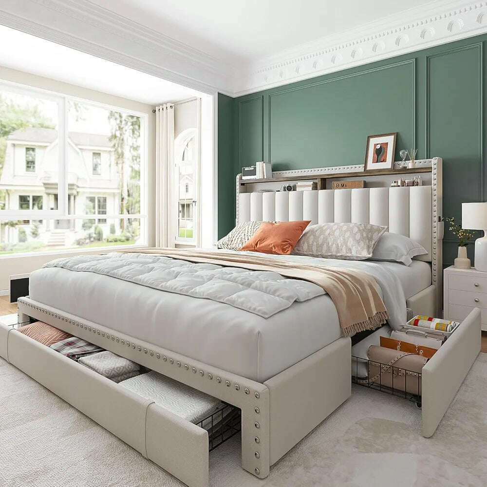 KIMLUD, Queen Bed Frame with Headboard and 3 Large Drawers, Upholstered Platform Bed Frame Queen Size with Storage, Queen Size B, KIMLUD Womens Clothes