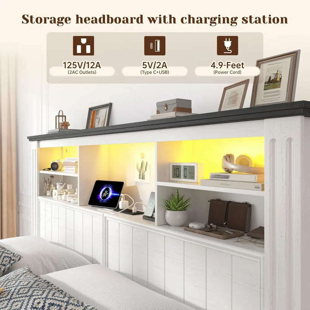 KIMLUD, Queen Bed Frame with Headboard and Storage, Size Beds Frames with Storage Farmhouse, Built in Charging Station, Bed Frame, KIMLUD Womens Clothes