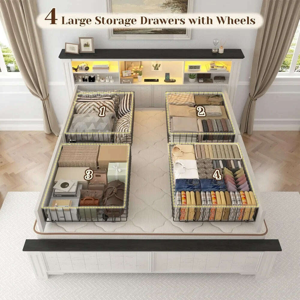 KIMLUD, Queen Bed Frame with Headboard and Storage, Size Beds Frames with Storage Farmhouse, Built in Charging Station, Bed Frame, KIMLUD Womens Clothes