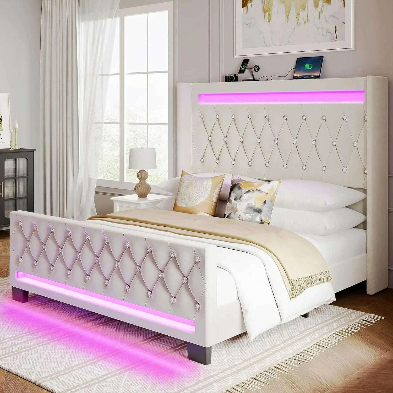 KIMLUD, Queen Bed Frame with LED Light and Charging Station, Upholstered High Headboard and Footboard, Wood Slats, Noise Free, United States, KIMLUD APPAREL - Womens Clothes
