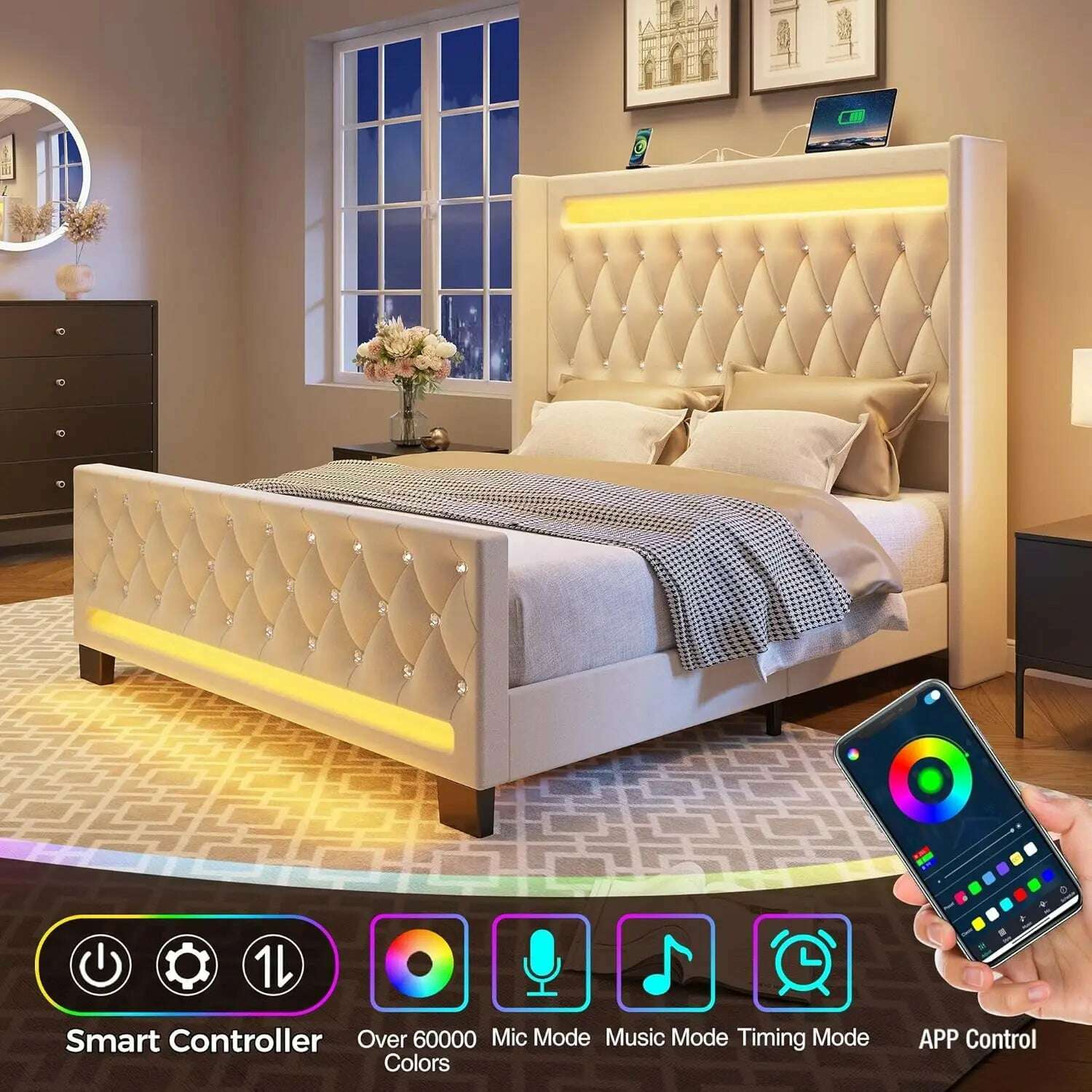 KIMLUD, Queen Bed Frame with LED Light and Charging Station, Upholstered High Headboard and Footboard, Wood Slats, Noise Free, KIMLUD Womens Clothes