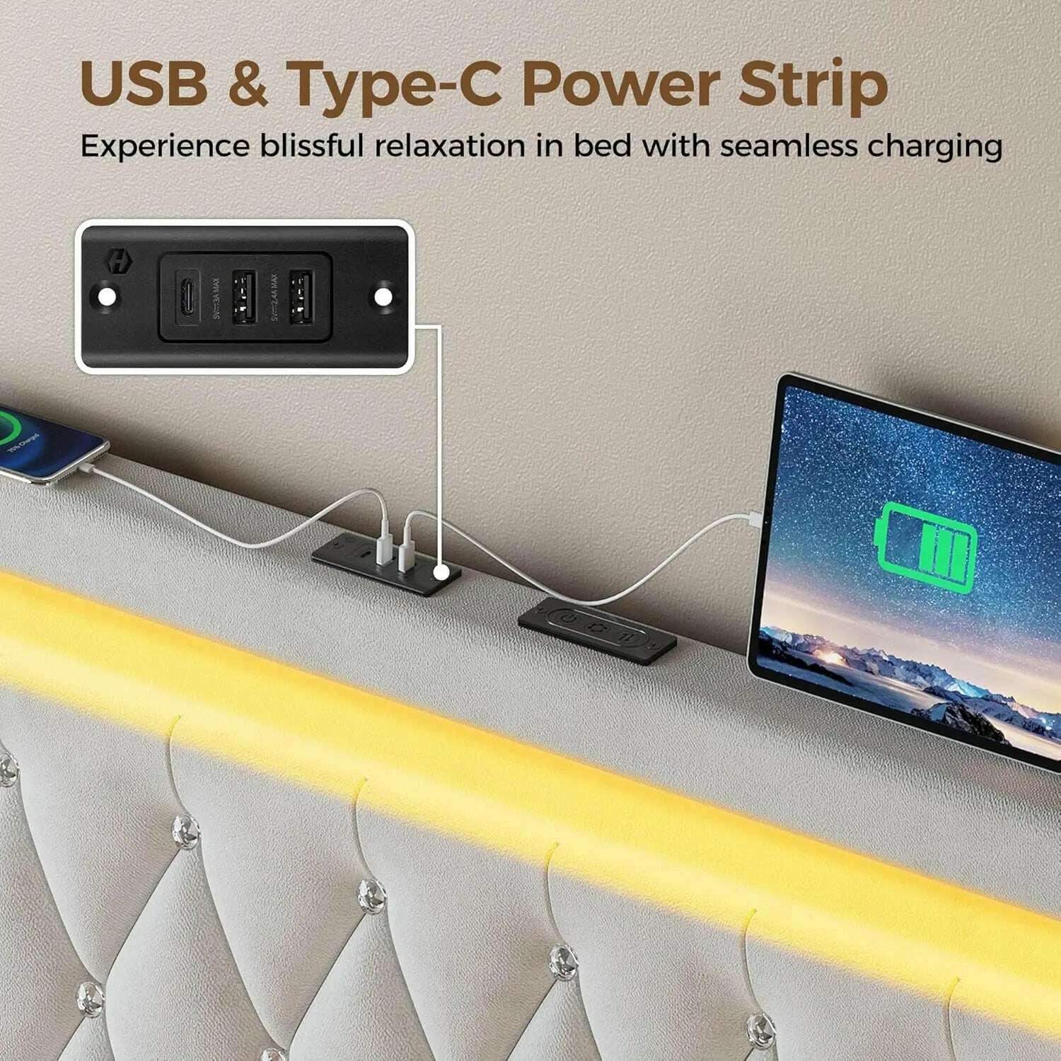 KIMLUD, Queen Bed Frame with LED Light and Charging Station, Upholstered High Headboard and Footboard, Wood Slats, Noise Free, KIMLUD Womens Clothes