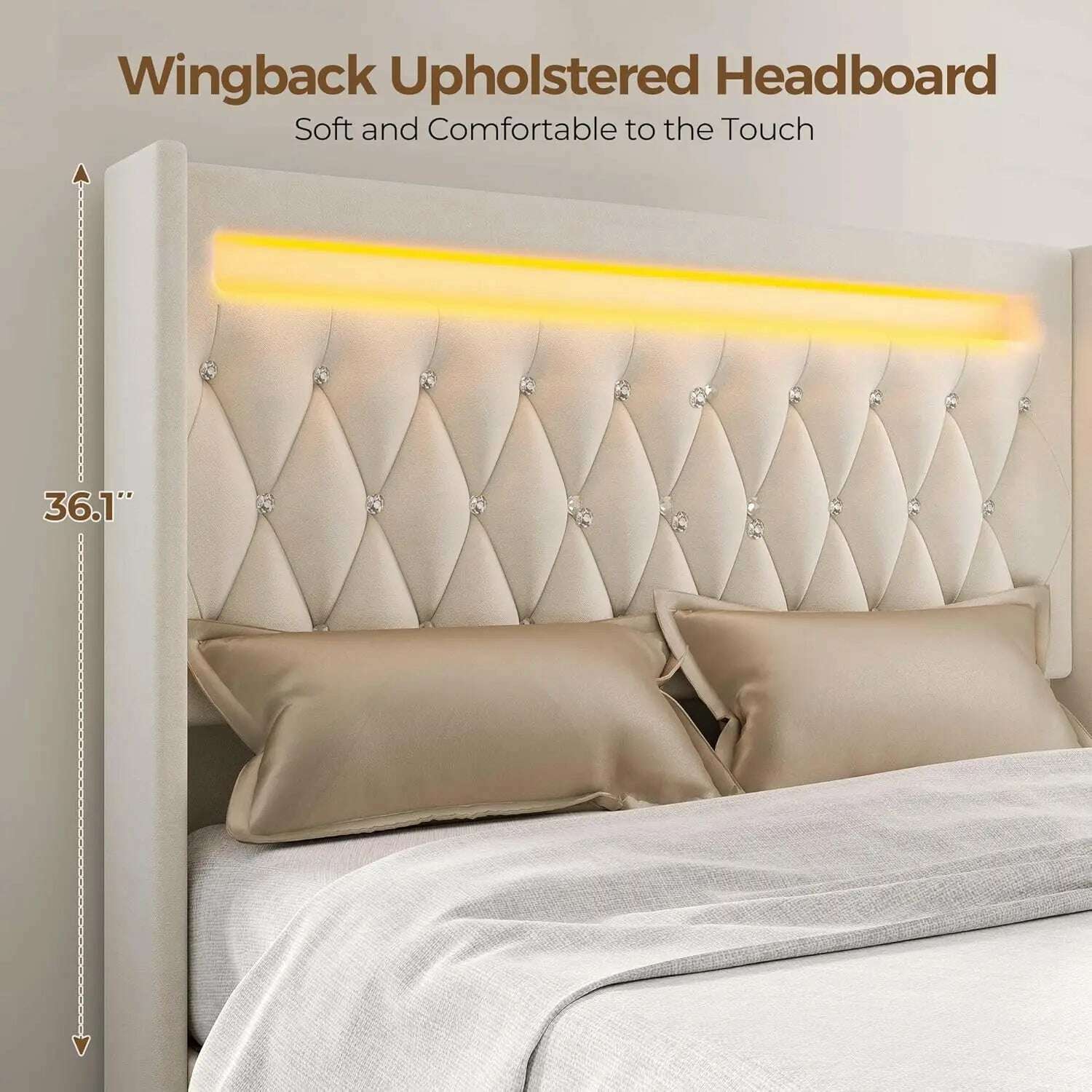 KIMLUD, Queen Bed Frame with LED Light and Charging Station, Upholstered High Headboard and Footboard, Wood Slats, Noise Free, KIMLUD Womens Clothes