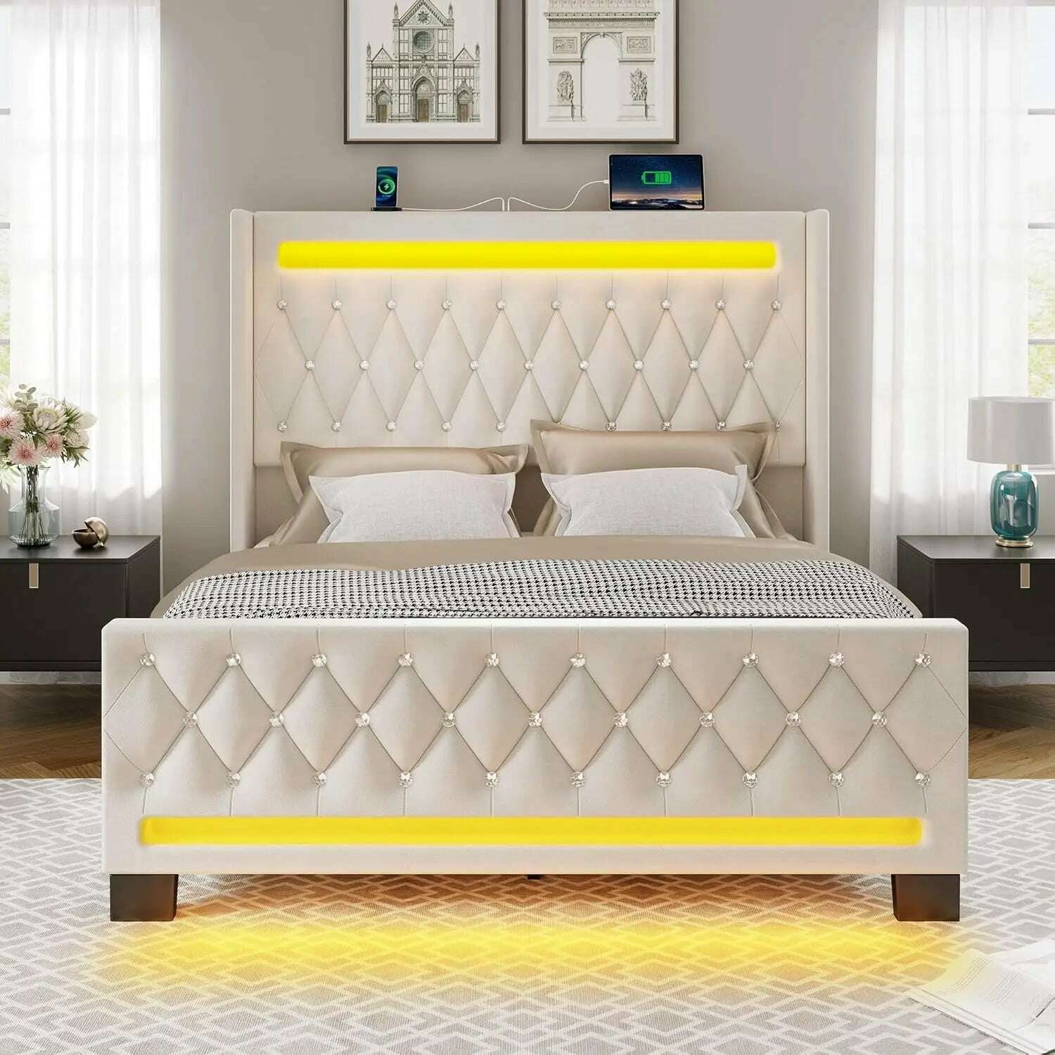 KIMLUD, Queen Bed Frame with LED Light and Charging Station, Upholstered High Headboard and Footboard, Wood Slats, Noise Free, KIMLUD Womens Clothes