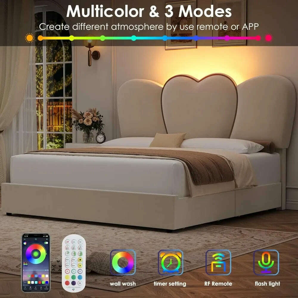 KIMLUD, Queen LED Bed Frame with 4 Storage Drawers, Modern Velvet Upholstered Platform Bed with 55" Tall Heart Shaped Headboard, KIMLUD Womens Clothes
