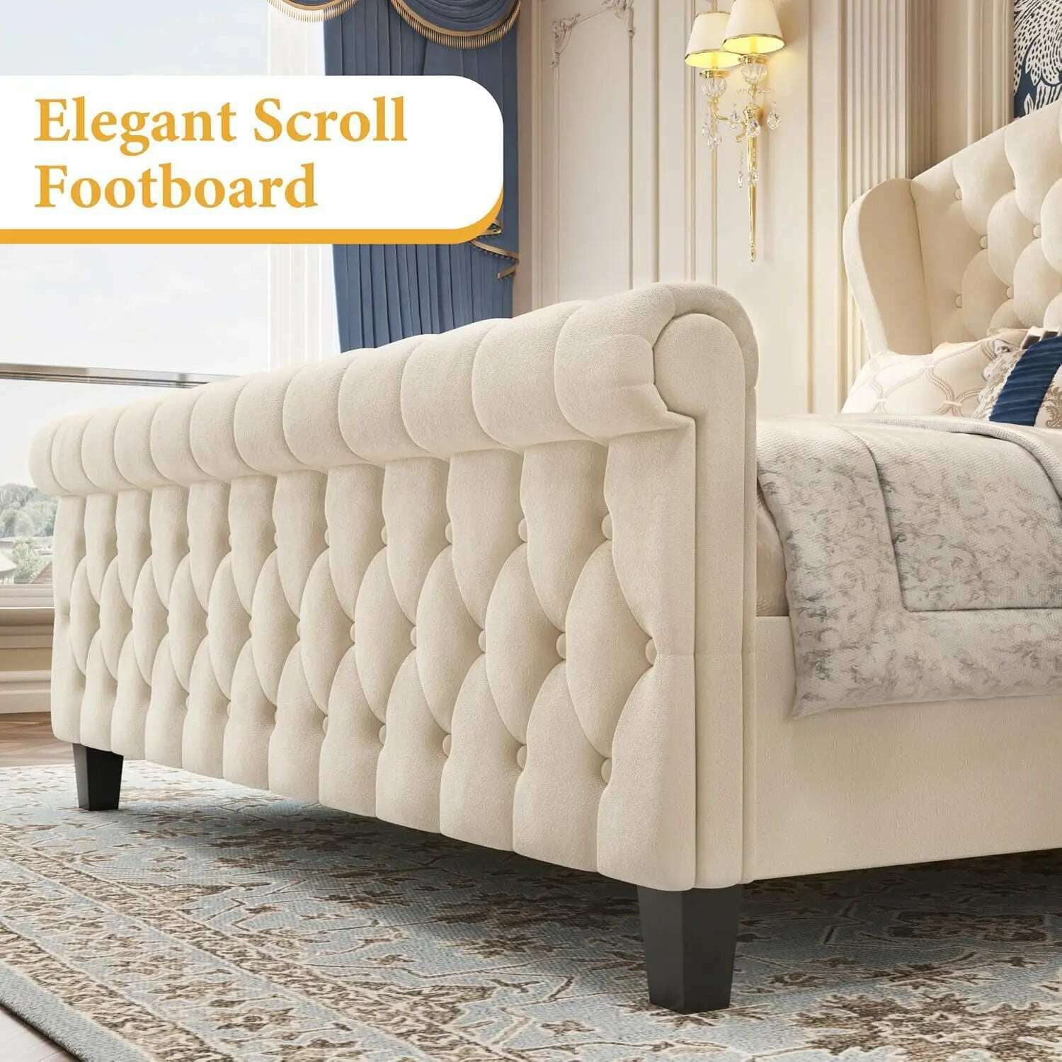 KIMLUD, Queen Platform Bed Frame,52.5"Tall Velvet Upholstered Sleigh Bed with Scroll Wingback Headboard & Footboard/No Box Spring Needed, KIMLUD Womens Clothes