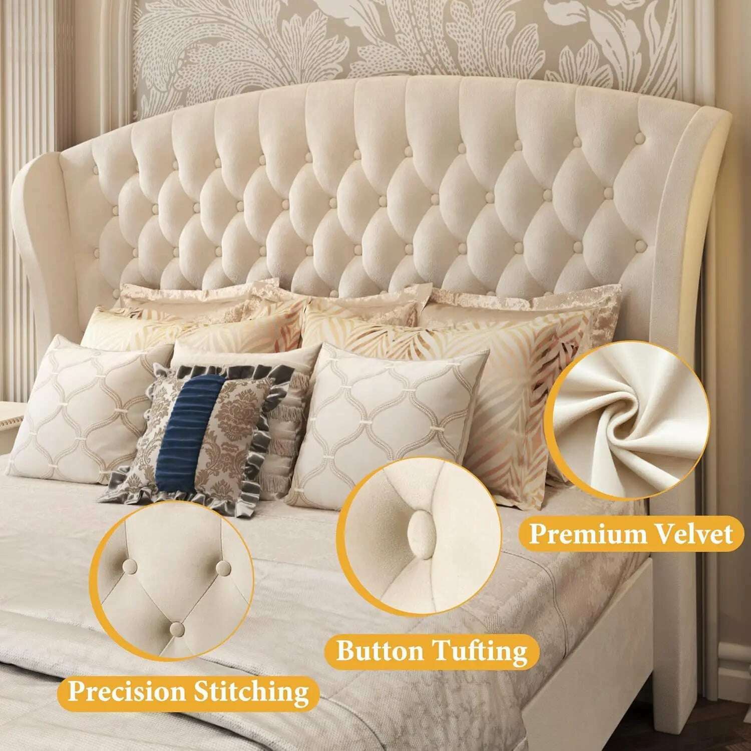 KIMLUD, Queen Platform Bed Frame,52.5"Tall Velvet Upholstered Sleigh Bed with Scroll Wingback Headboard & Footboard/No Box Spring Needed, KIMLUD Womens Clothes