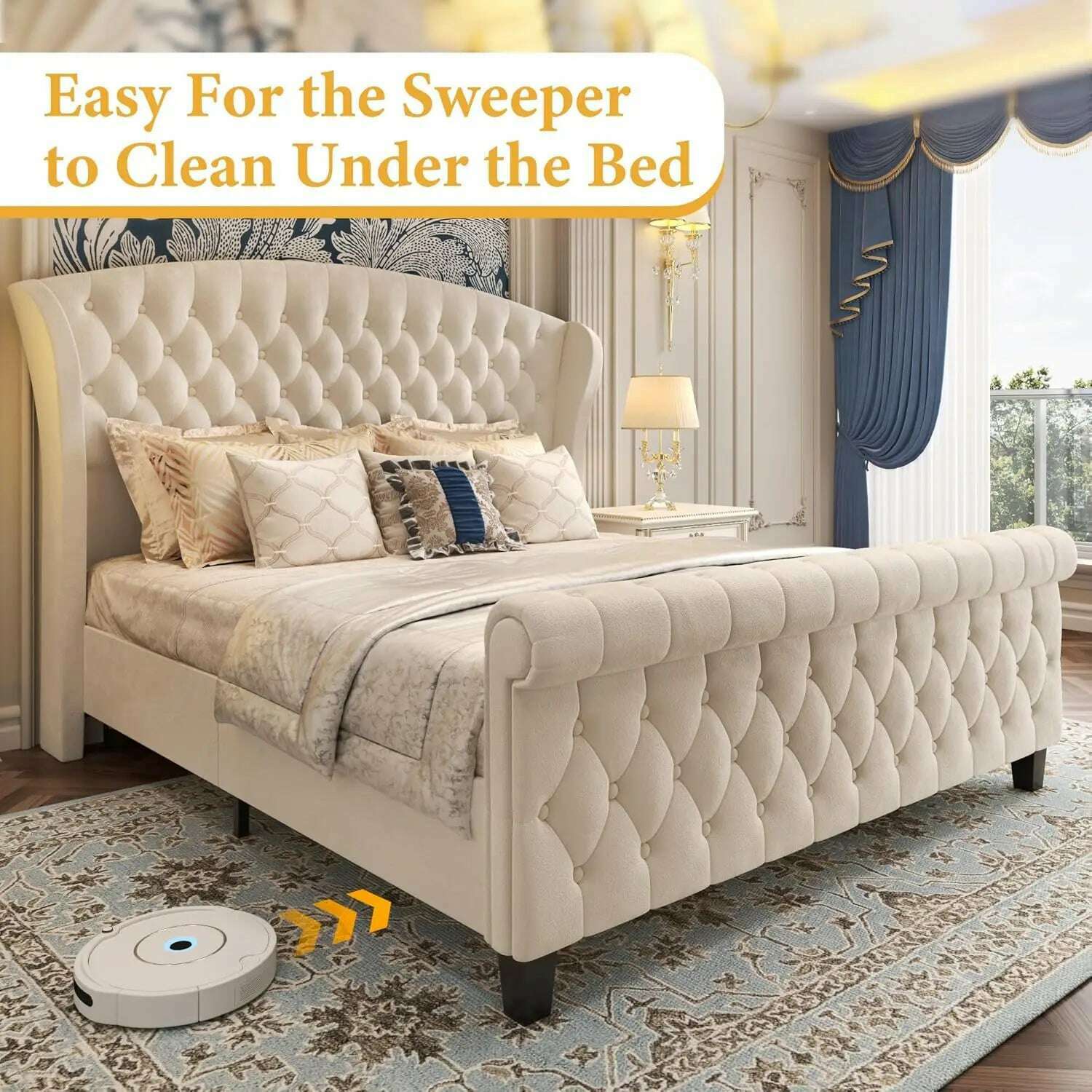 KIMLUD, Queen Platform Bed Frame,52.5"Tall Velvet Upholstered Sleigh Bed with Scroll Wingback Headboard & Footboard/No Box Spring Needed, KIMLUD Womens Clothes