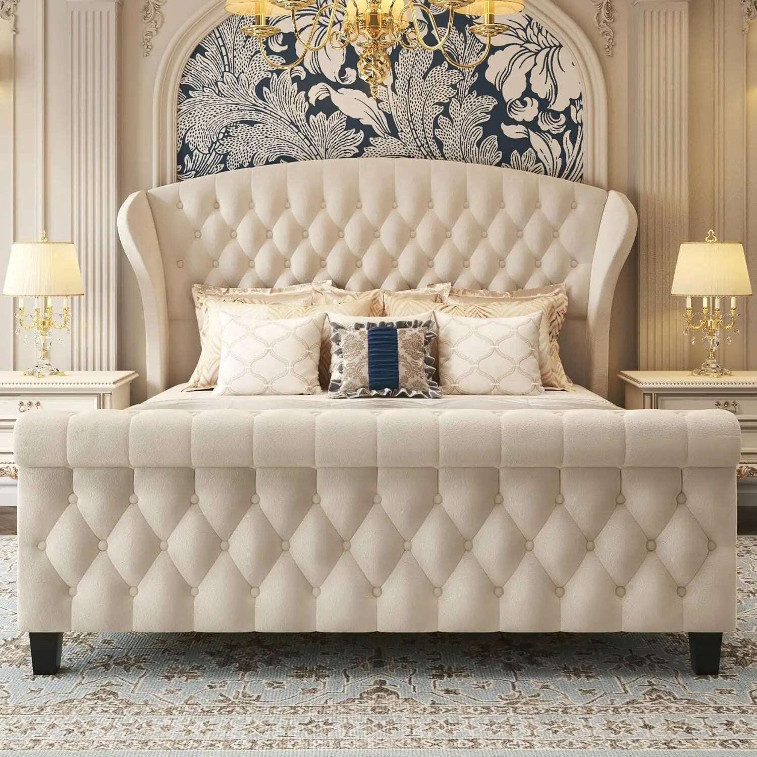 KIMLUD, Queen Platform Bed Frame,52.5"Tall Velvet Upholstered Sleigh Bed with Scroll Wingback Headboard & Footboard/No Box Spring Needed, KIMLUD Womens Clothes