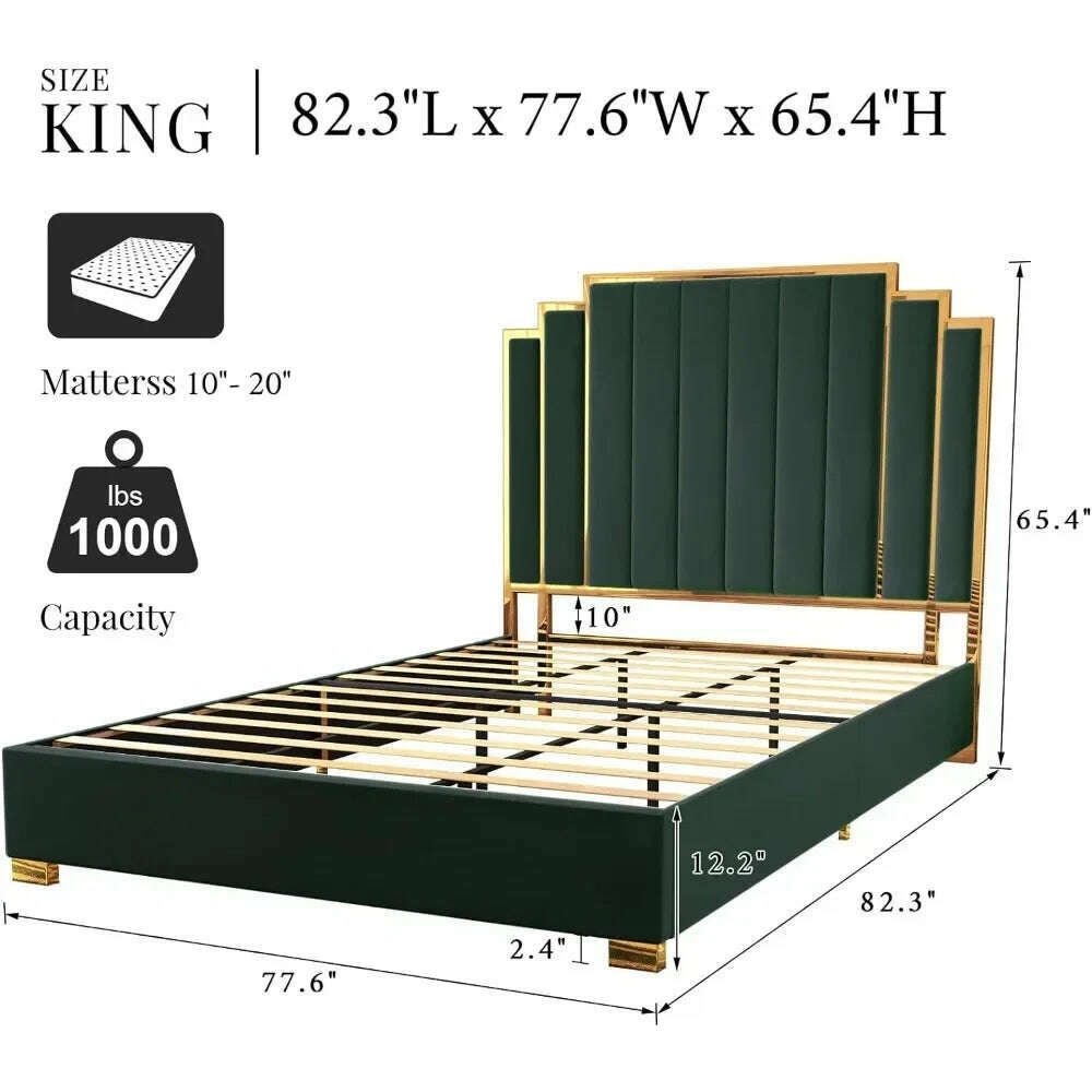 Queen Size Bed Frame, 61.4" Velvet Upholstered Beds with Gold Trim Headboard/No Box Spring Needed, Queen Size Bed Frame - KIMLUD