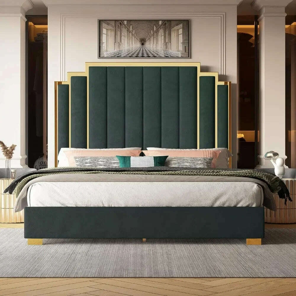 Queen Size Bed Frame, 61.4" Velvet Upholstered Beds with Gold Trim Headboard/No Box Spring Needed, Queen Size Bed Frame - KIMLUD