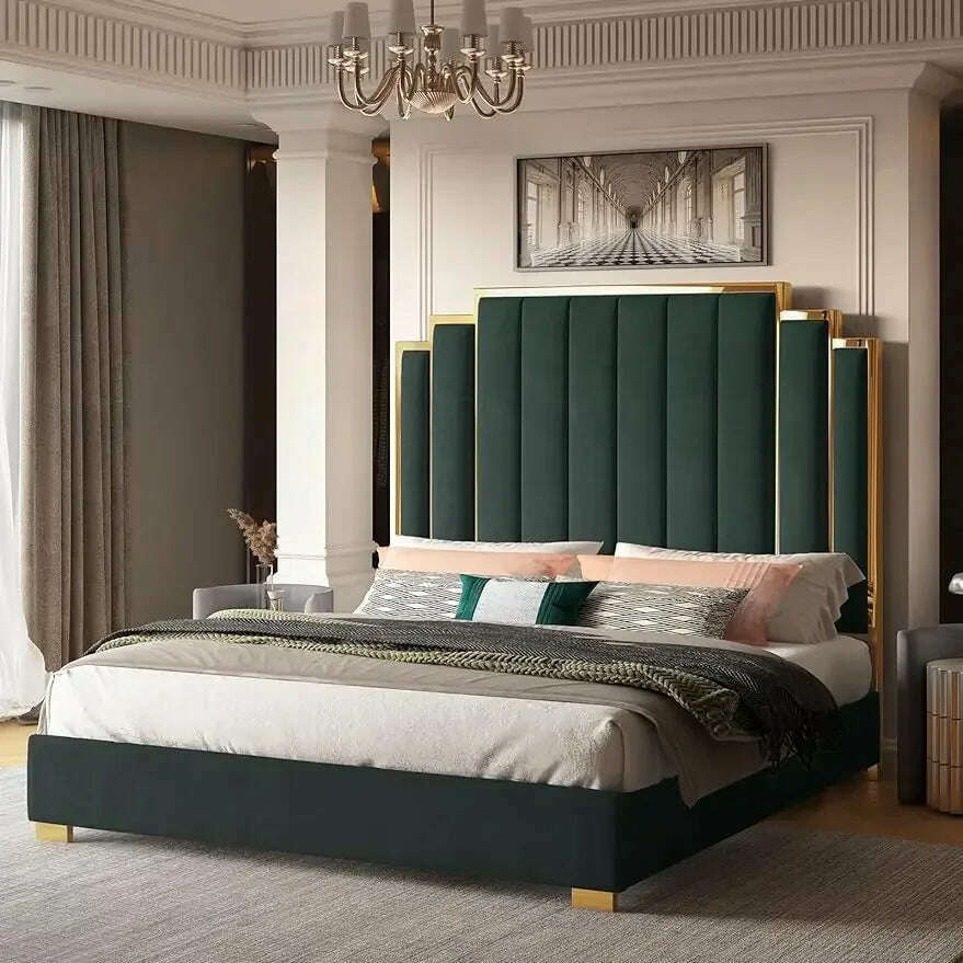 Queen Size Bed Frame, 61.4" Velvet Upholstered Beds with Gold Trim Headboard/No Box Spring Needed, Queen Size Bed Frame - KIMLUD